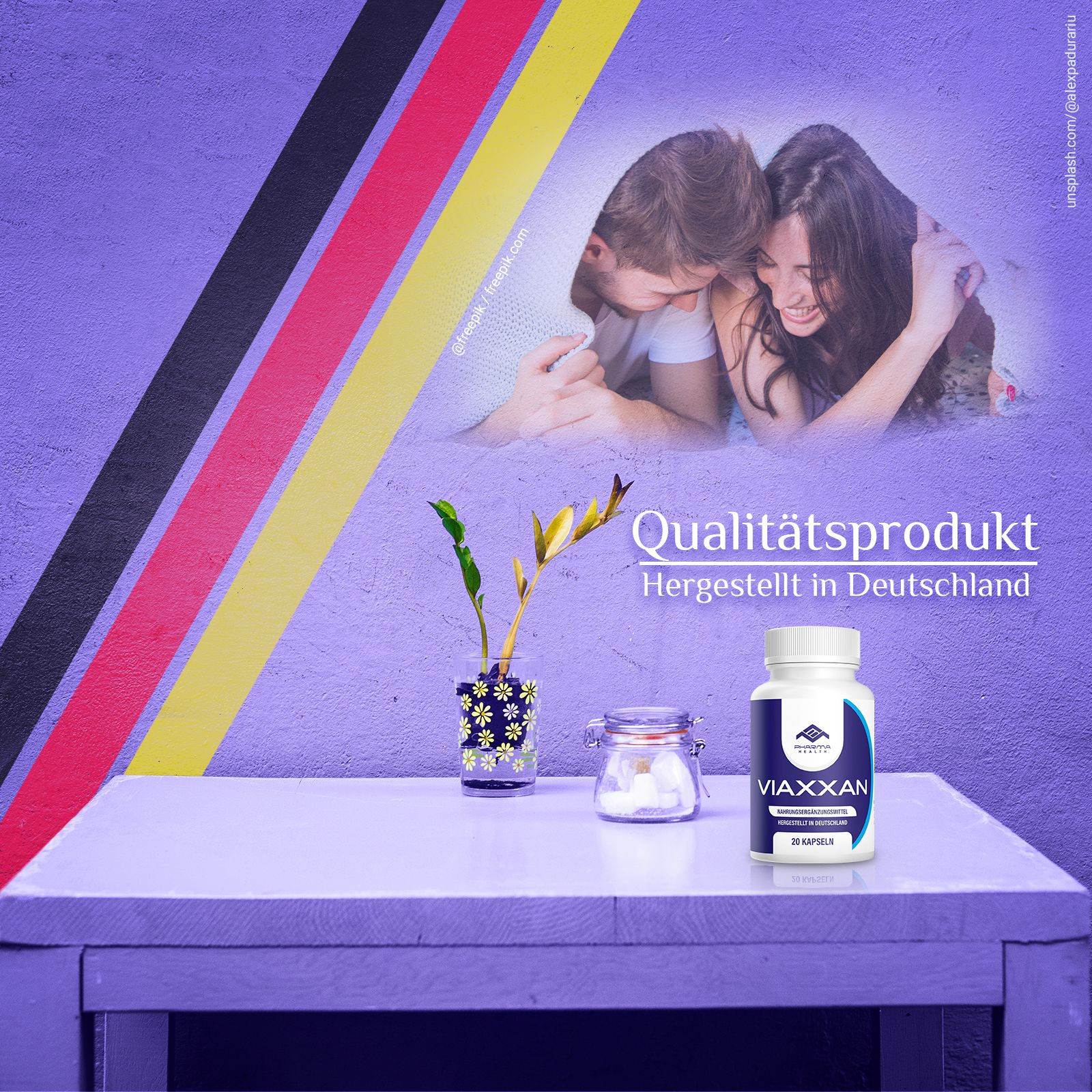 Flacone Viaxxan, Pharma Health, 20 capsule. Testo: Prodotto di qualità, prodotto in Germania. Sfondo: tavolo con decorazioni, coppie.