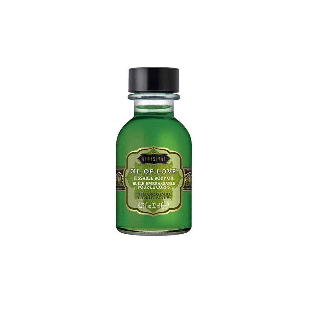 Flacone in vetro verde con contagocce nero. Olio dell'Amore Kamasutra, Originale.