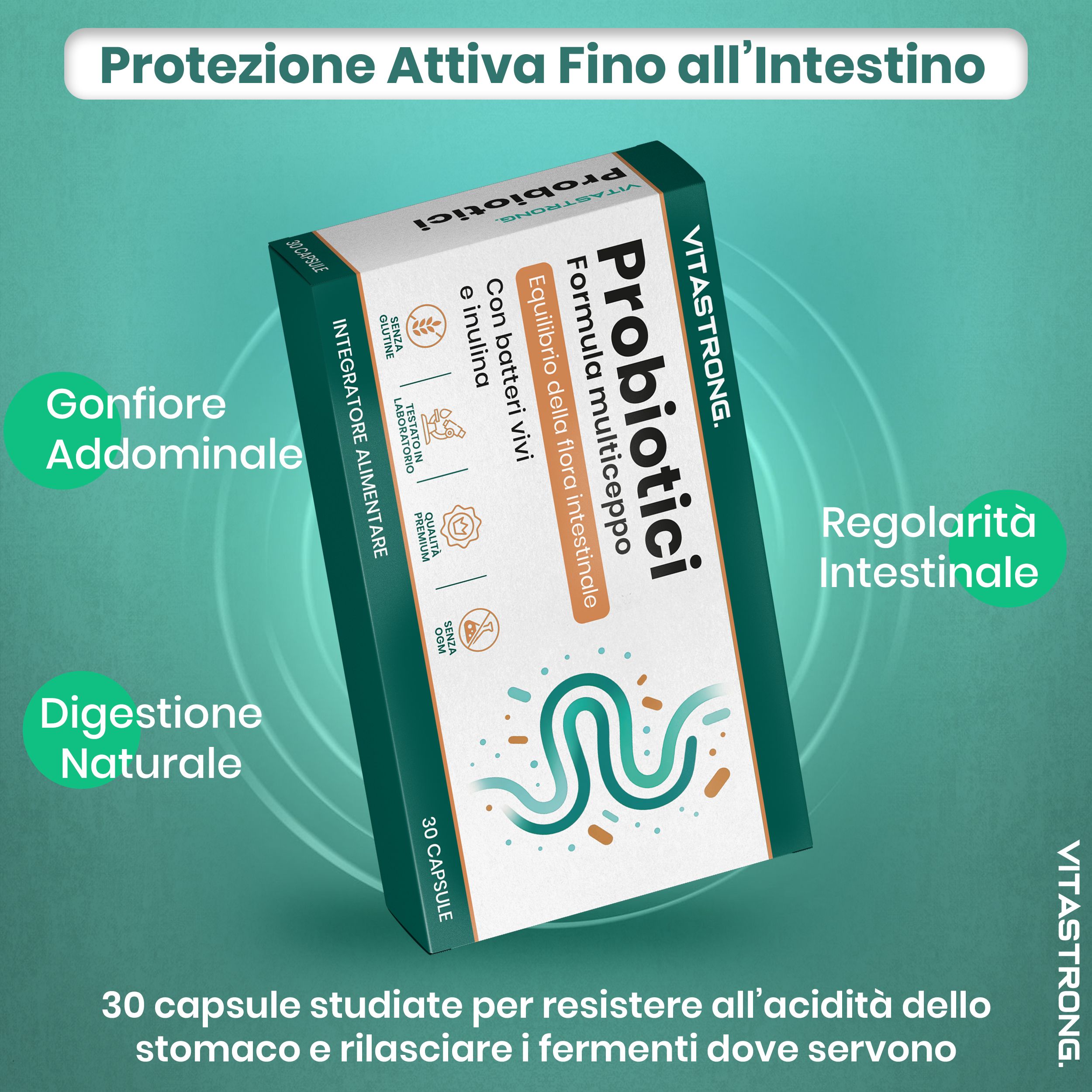 Scatola Vitastrong Probiotici. Testo: Protezione attiva fino all'intestino. 30 capsule. Vitastrong.