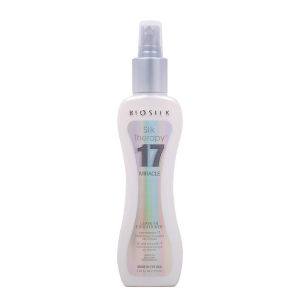 Biosilk Silk Therapy 17 Miracle Leave-In Conditioner. Flacone bianco con vaporizzatore. Testo: 17 Miracle, Leave-In Conditioner.
