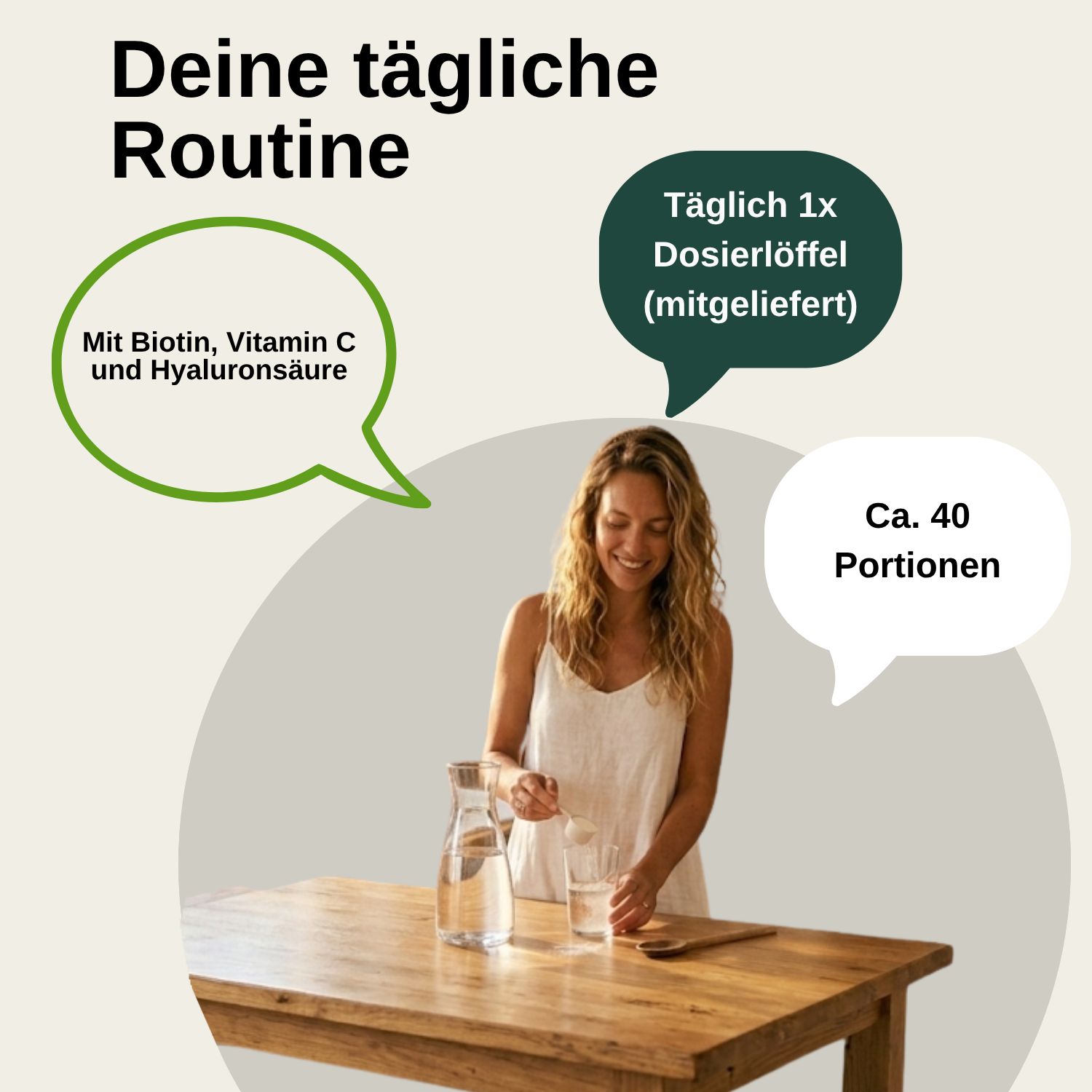 Routine quotidiana: Una donna prepara una bevanda. Con biotina, vitamina C, acido ialuronico. Circa 40 porzioni. 1 misurino al giorno (incluso).