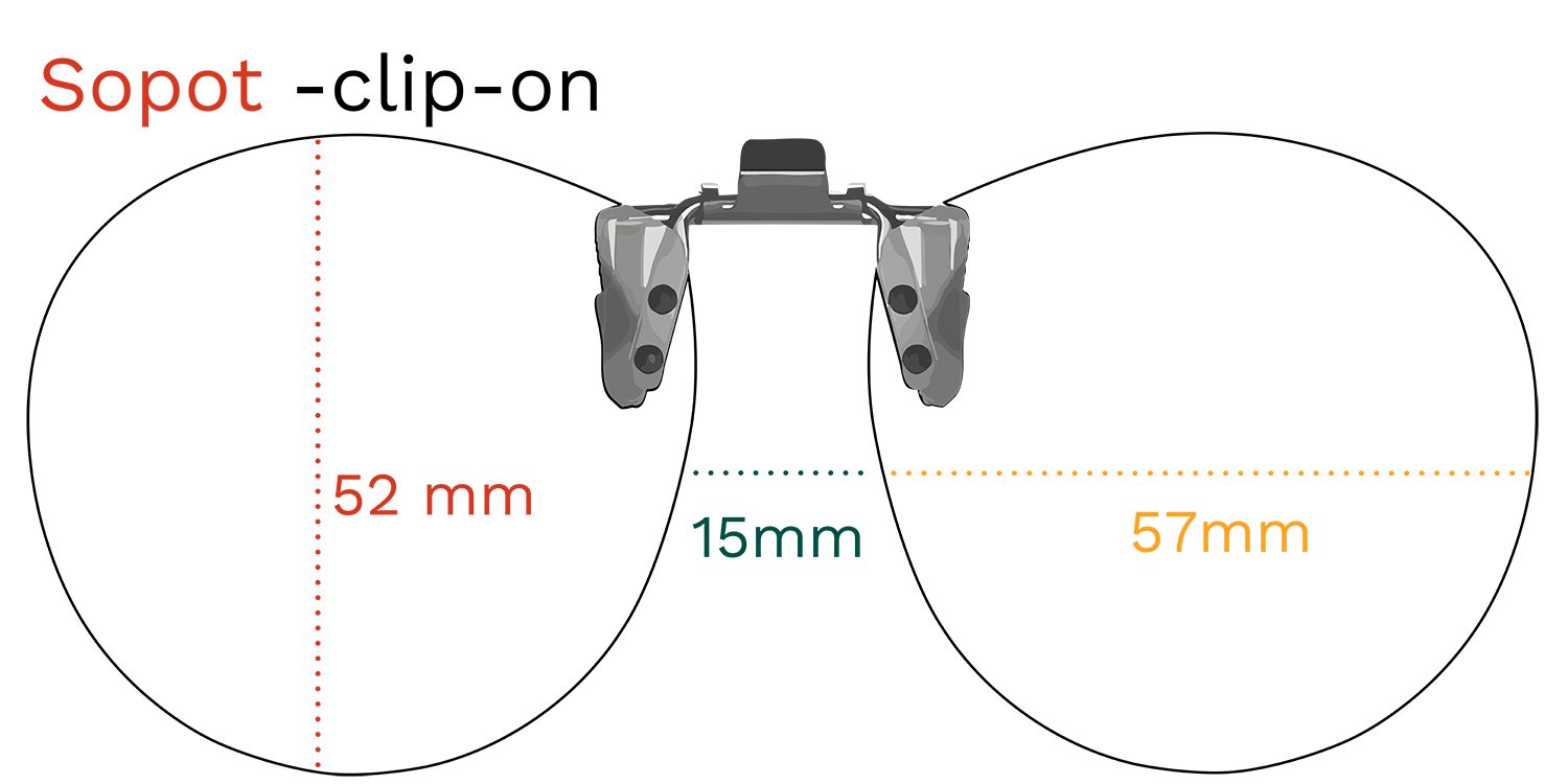 Occhiali da sole Montana Eyewear Sopot clip-on. Dimensioni: 52mm, 57mm, 15mm. Senza lenti, con misure.
