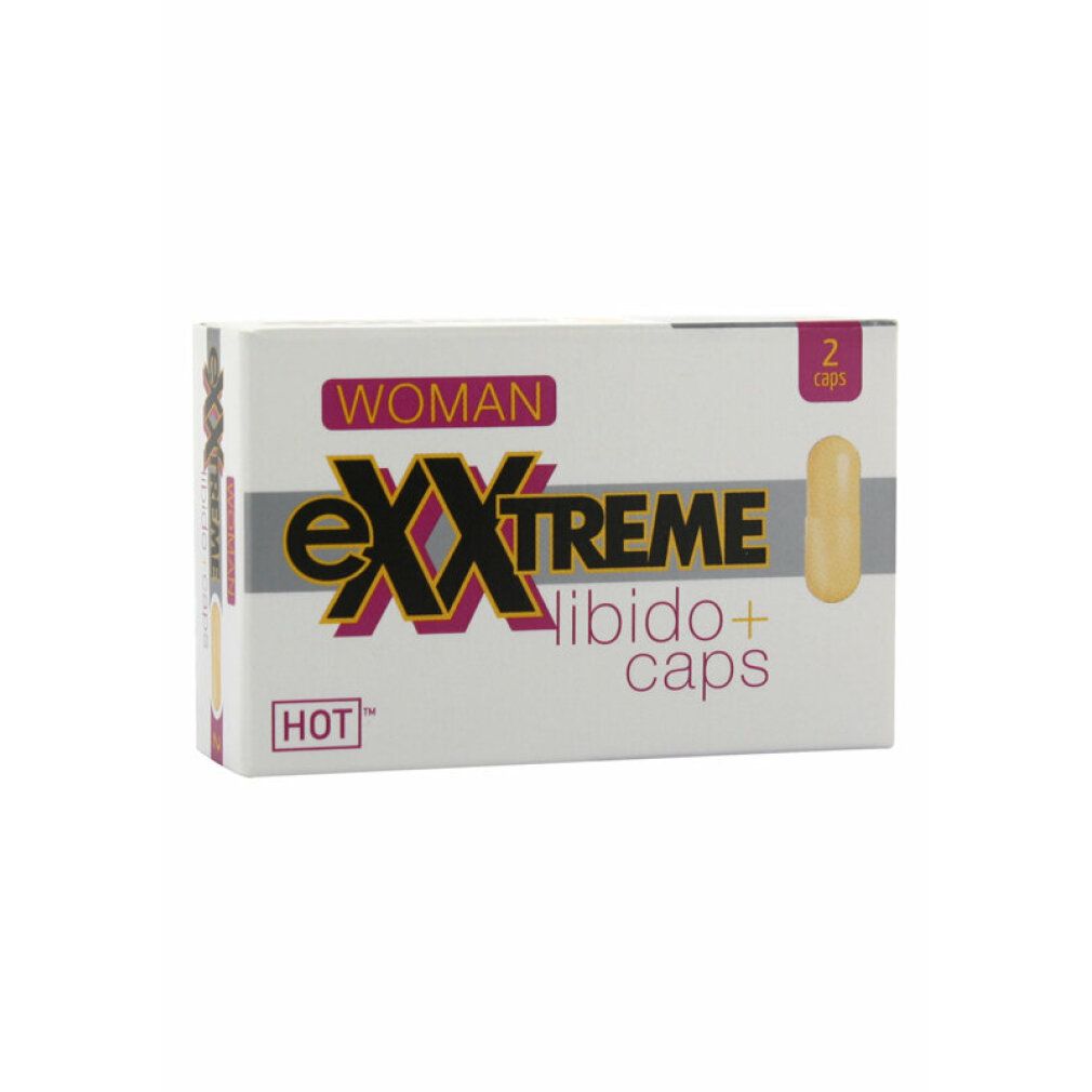 Confezione con due capsule. Scritta: eXXtreme Libido+ caps, Woman, HOT. Una capsula è raffigurata.