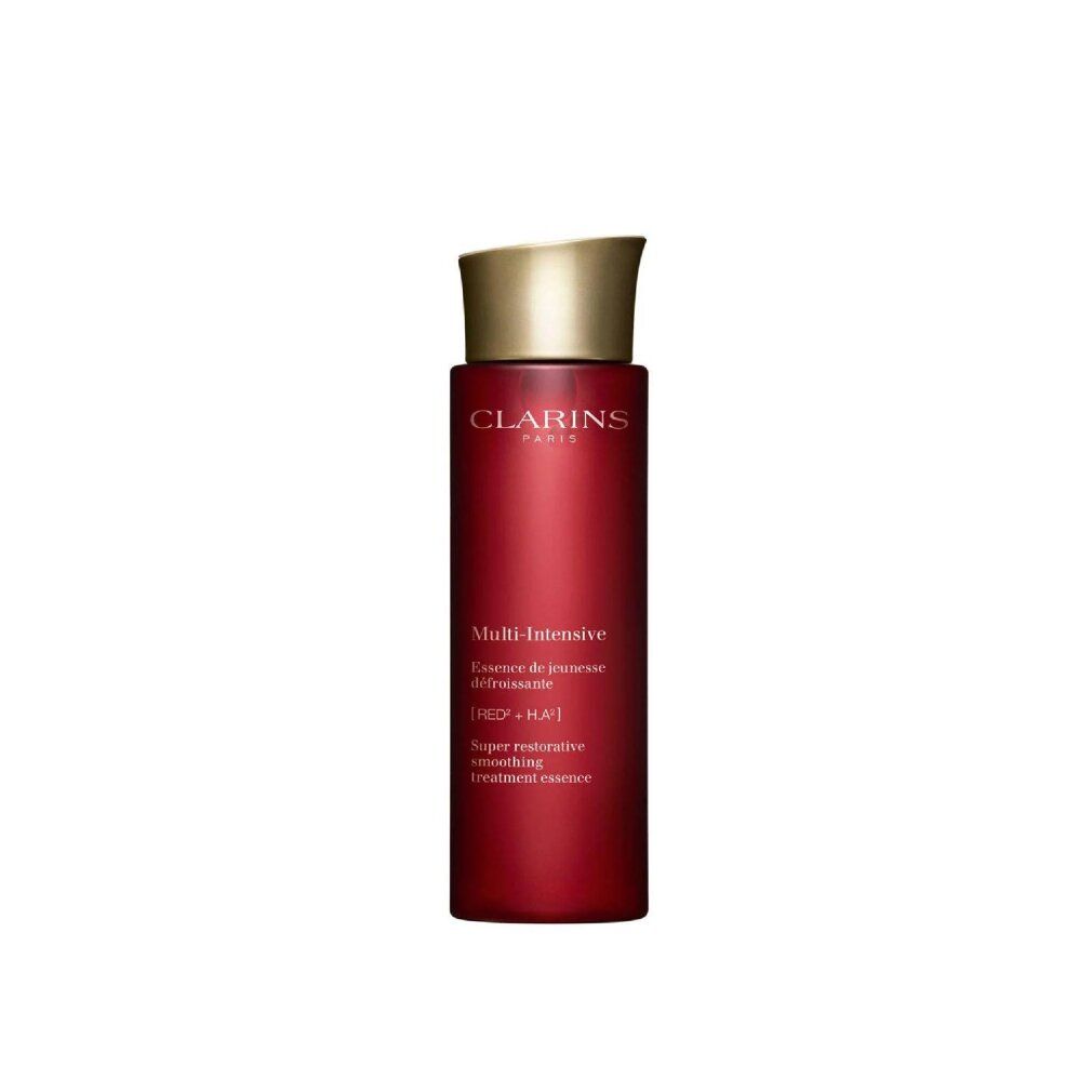 Clarins Multi-Intensive Treatment Essence, flacone rosso con tappo dorato, vista leggermente angolata.