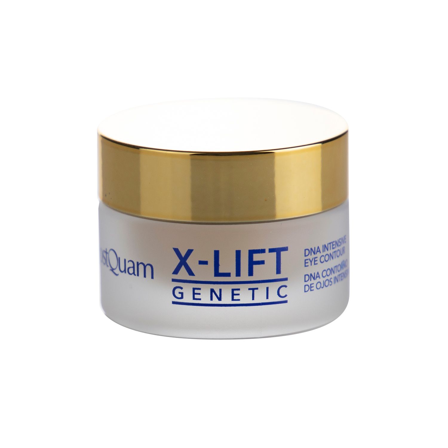 Vasetto di crema con coperchio dorato. Scritta: X-LIFT GENETIC, DNA Intensive Eye Contour.
