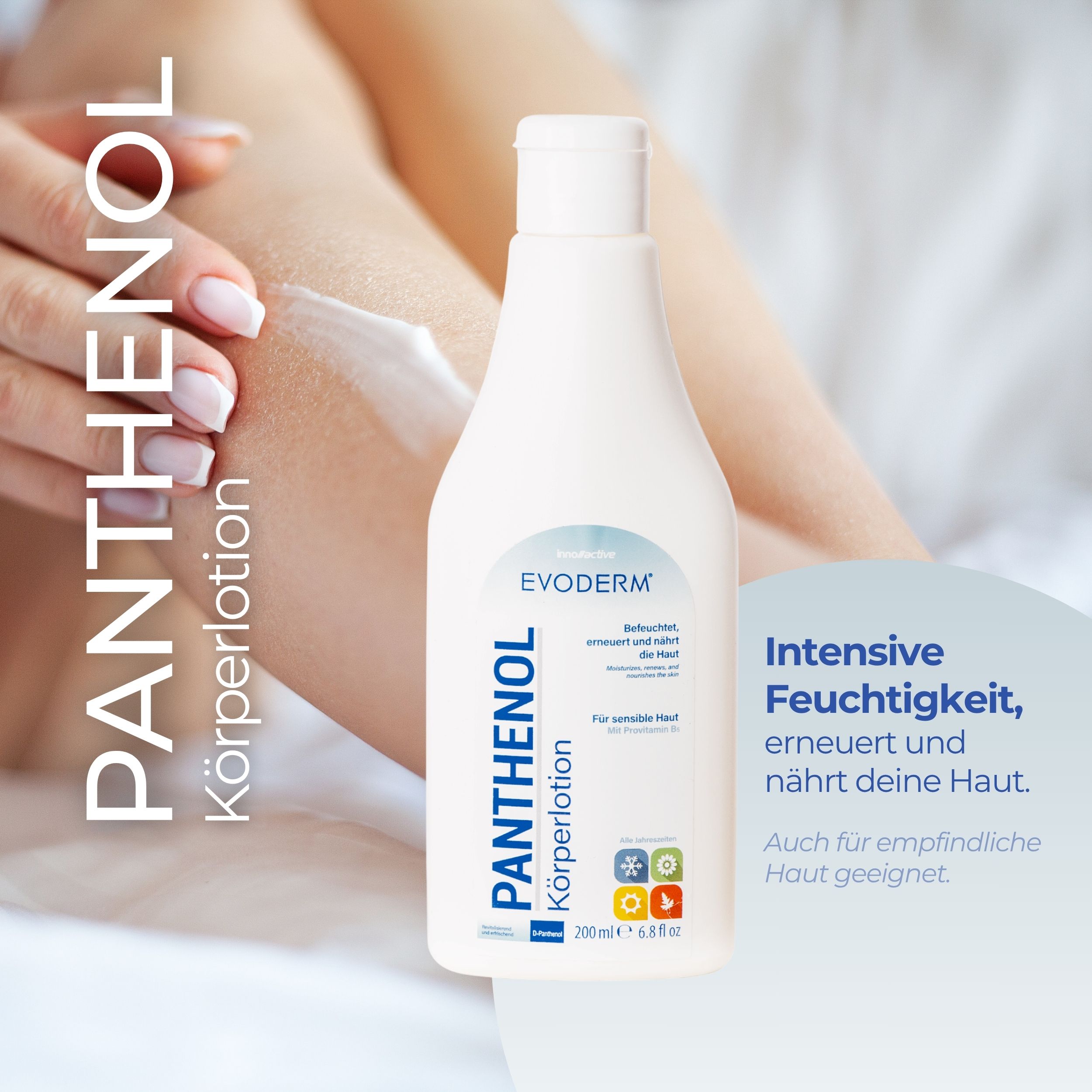 EVODERM Panthenol lozione corpo. Flacone bianco. Testo: Panthenol lozione corpo. Per pelli sensibili. 200 ml.