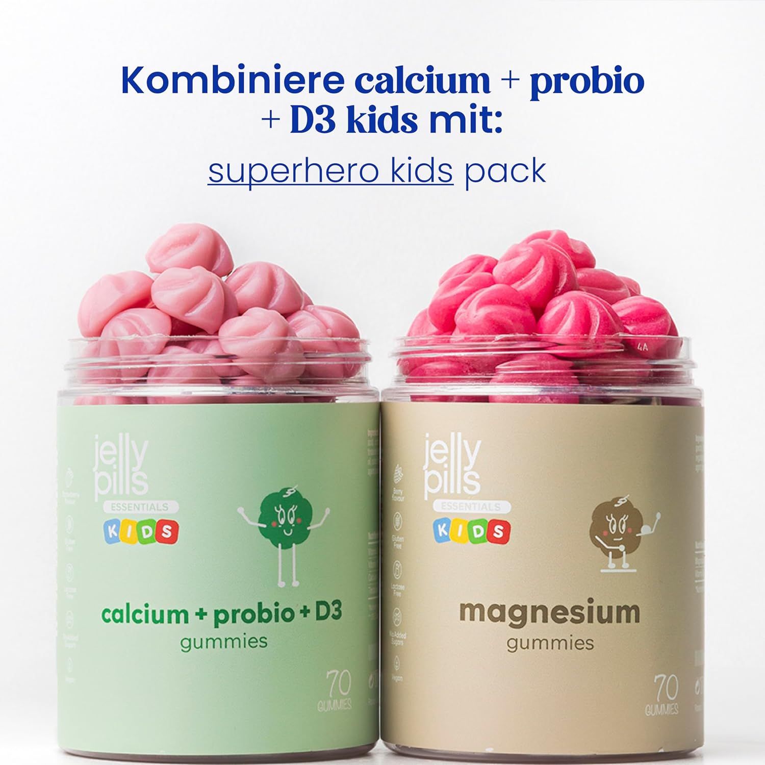 Due barattoli di Jelly Pills Kids Gummies. Un barattolo calcium + probio + D3, un barattolo magnesio. 70 caramelle gommose per barattolo.