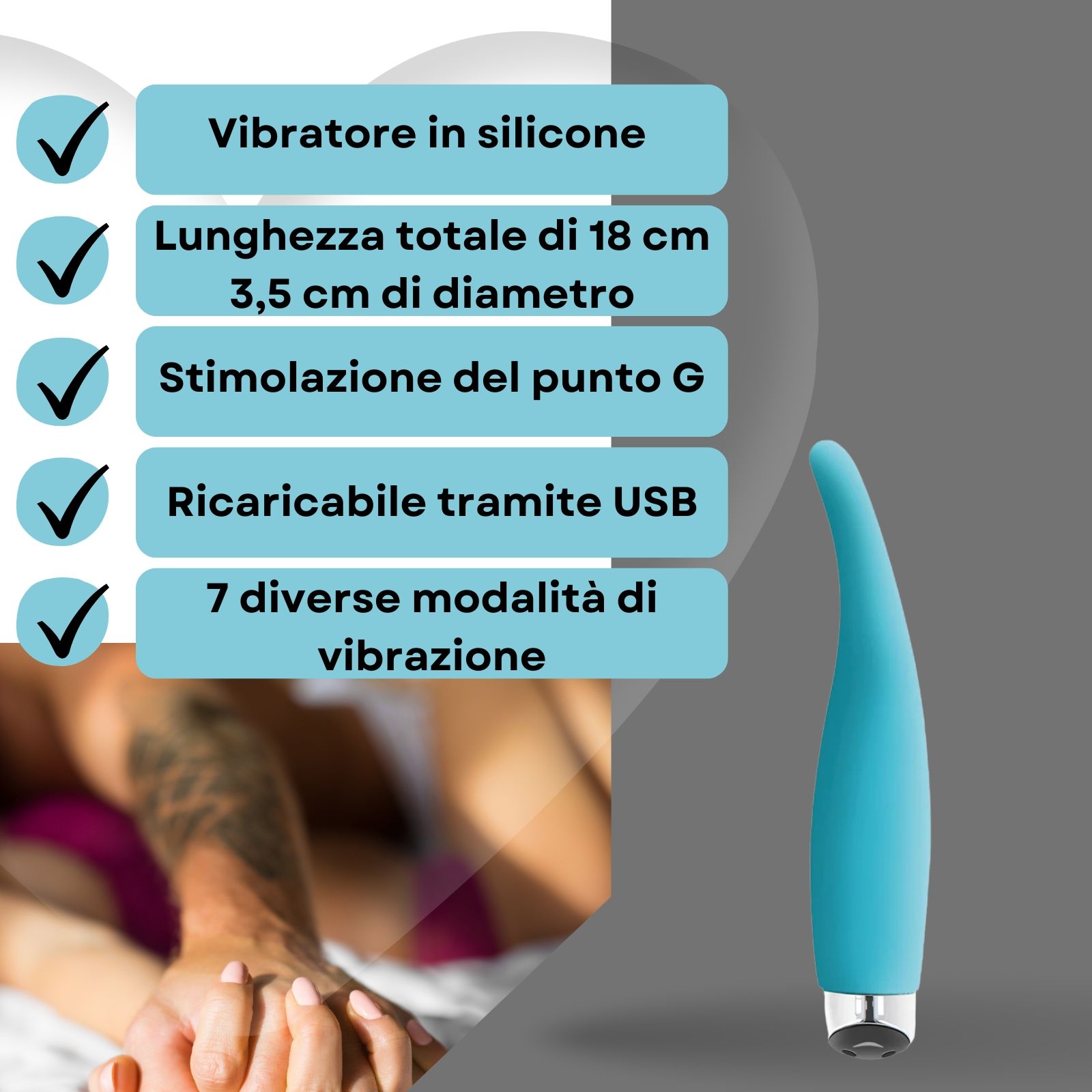 Vibratore blu in silicone. Testo: Vibratore in silicone, 18cm, 3,5cm diametro, stimolazione punto G, USB.