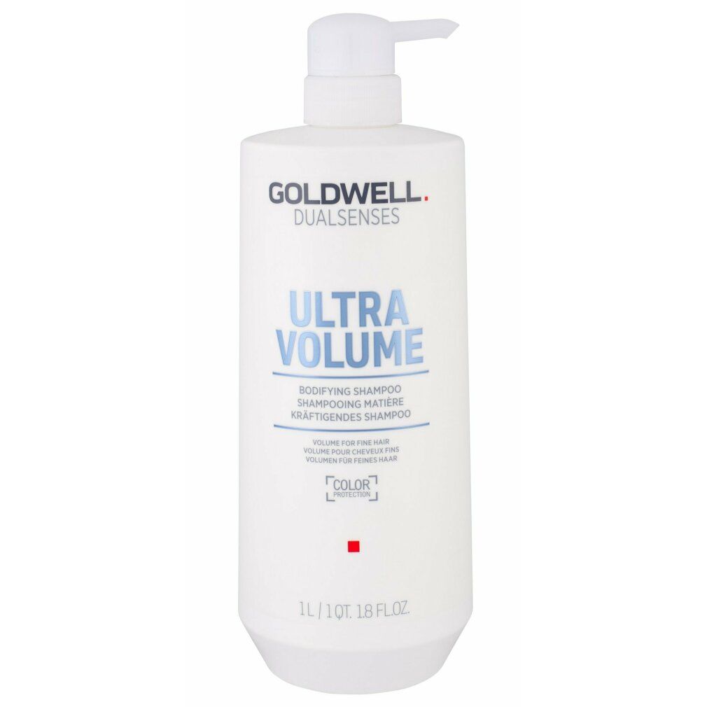 Flacone di shampoo Goldwell Dual Senses Ultra Volume. Bianco, con dosatore. Testo: Ultra Volume, Bodifying Shampoo, Color.