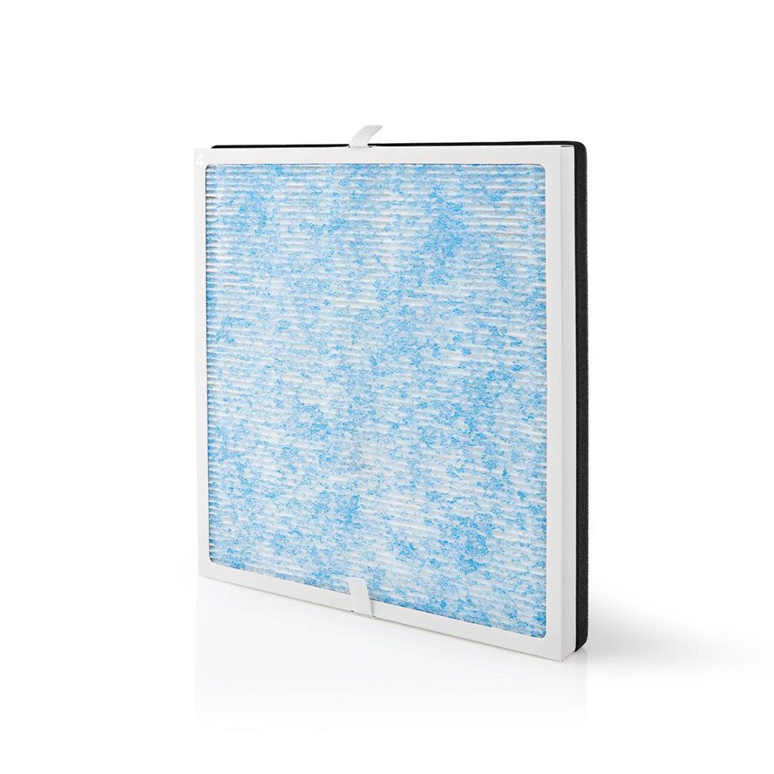 Filtro dell'aria con mezzo filtrante blu maculato. Cornice nera con griglia bianca. Forma quadrata.