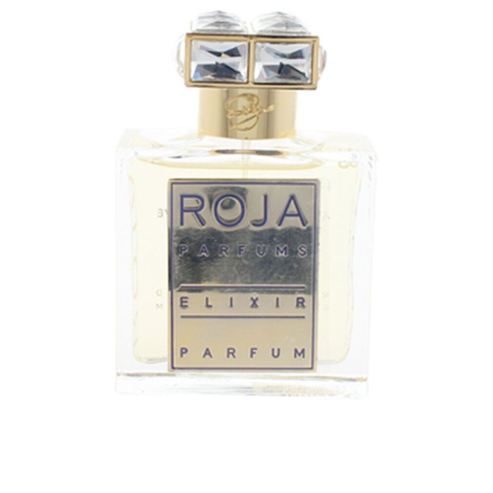 Flacone quadrato con tappo dorato e cristalli. Scritta: Roja Parfums Elixir Parfum.