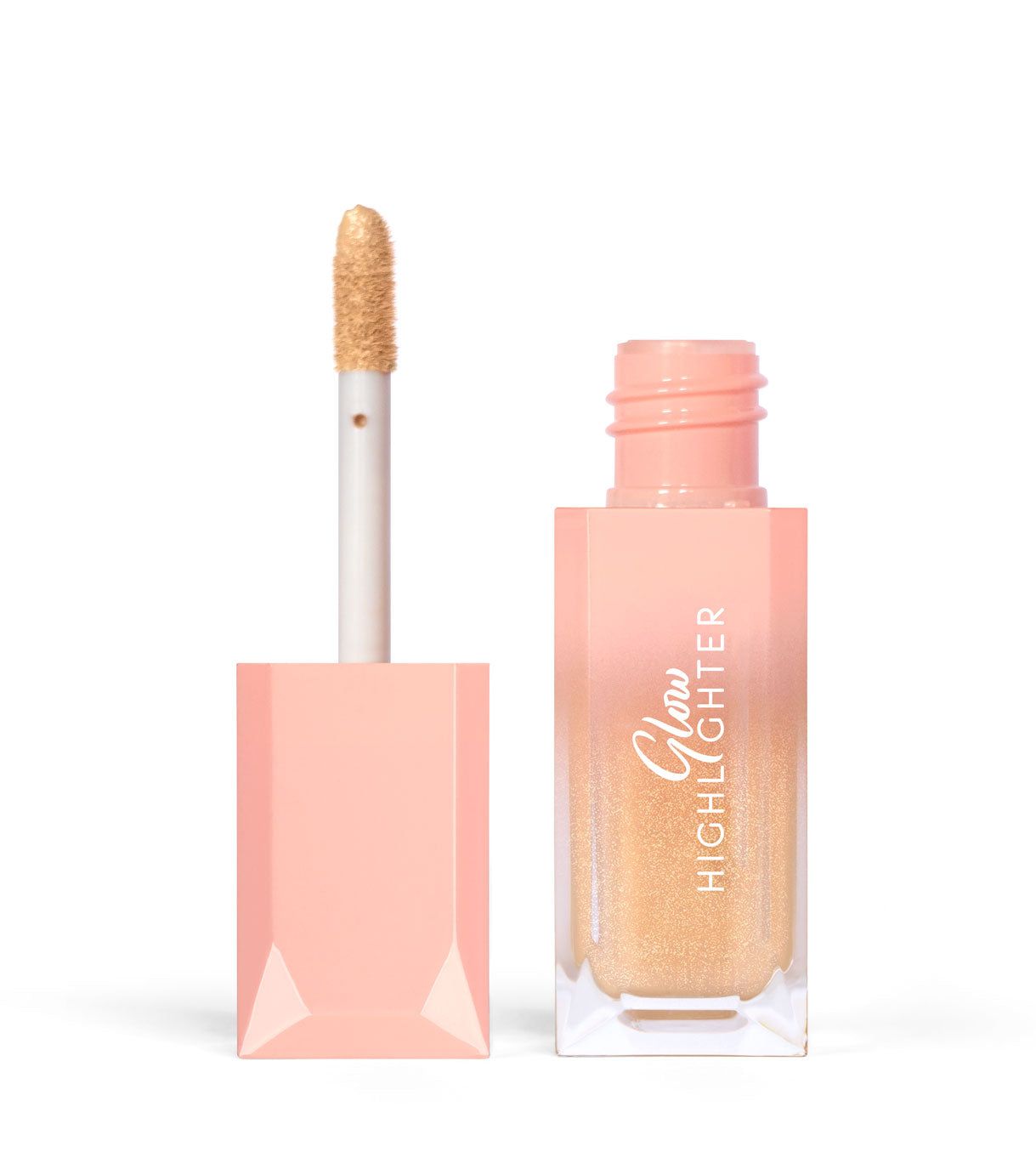 Illuminante liquido dorato in flacone trasparente con tappo e applicatore rosa.