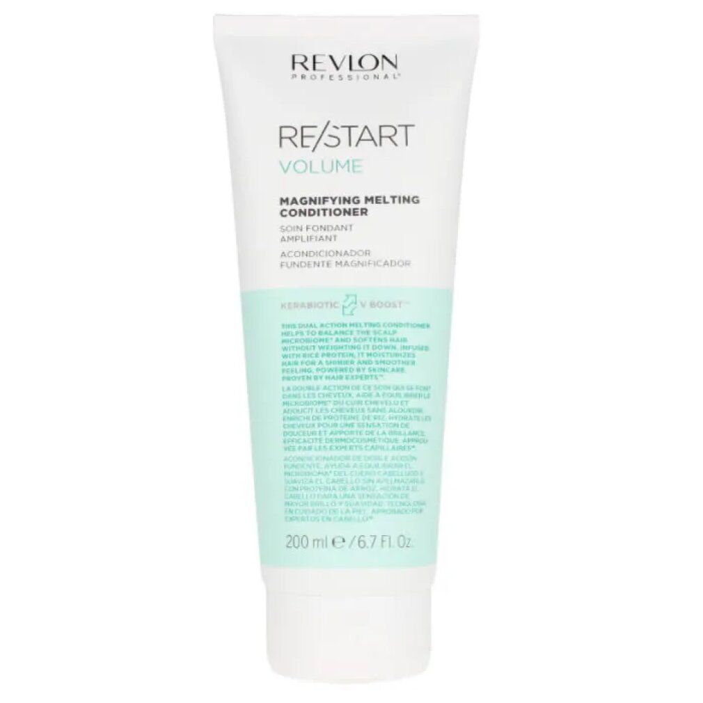 Tubo di balsamo bianco con dettagli verdi. Scritta: RE/START VOLUME, MAGNIFYING MELTING CONDITIONER. 200 ml.
