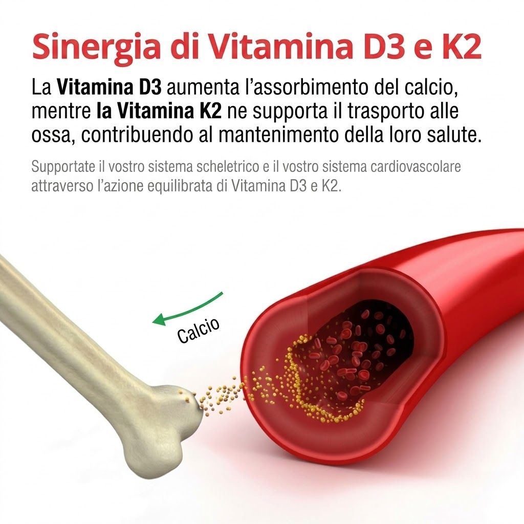 Sinergia Vitamina D3+K2: D3 aumenta assorbimento calcio, K2 supporta trasporto alle ossa per ossa e cuore sani.