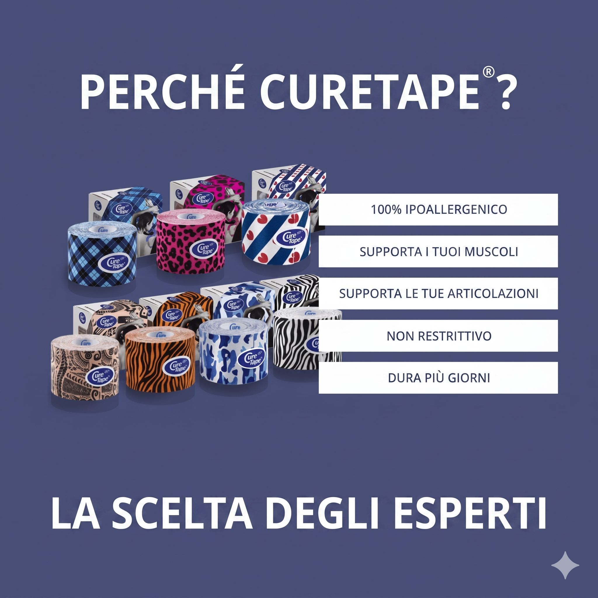 Vari rotoli di kinesio tape in diversi motivi. Logo "CureTape" e vantaggi visibili.