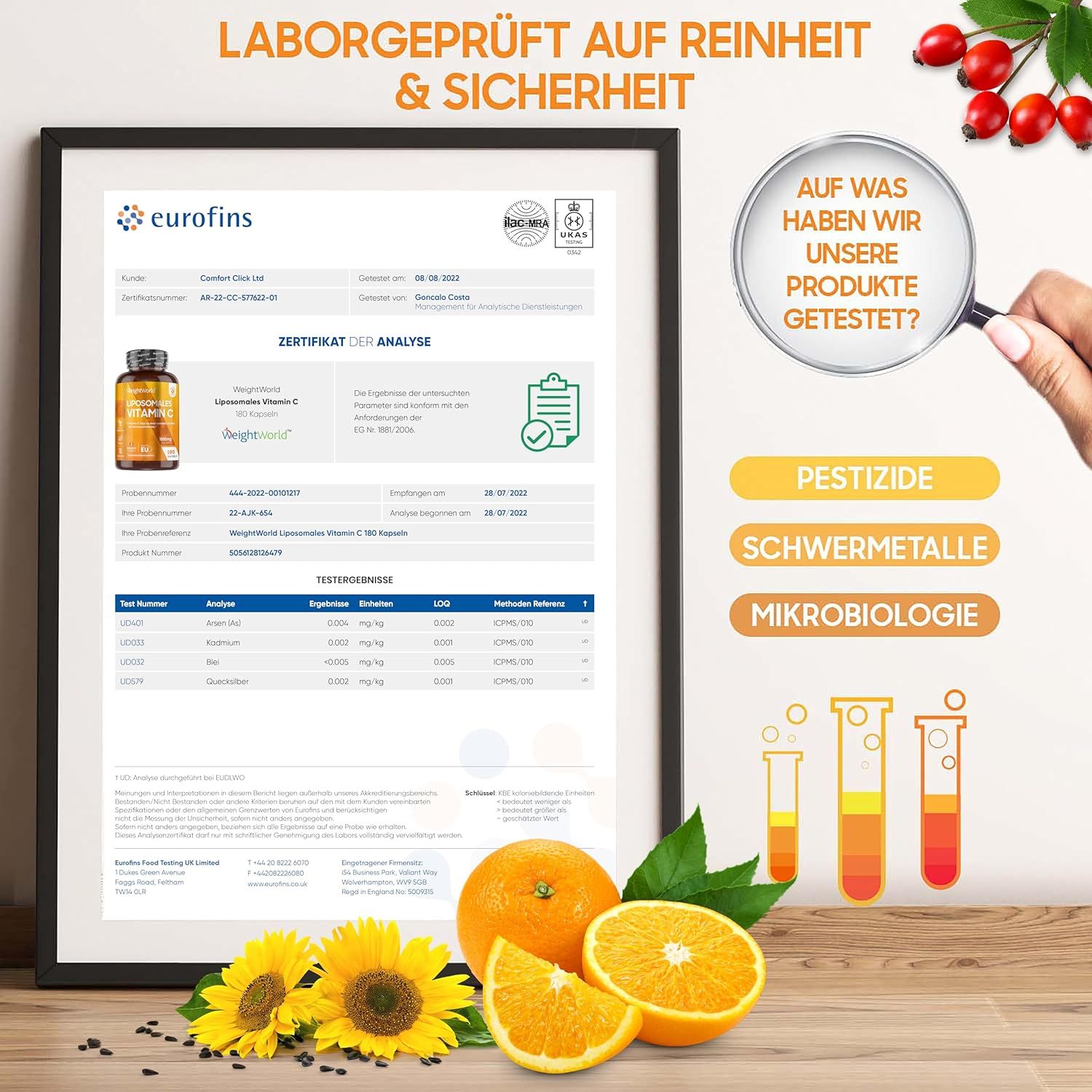 Certificato testato in laboratorio per WeightWorld Liposomales Vitamin C. Analisi di pesticidi, metalli pesanti e microbiologia.