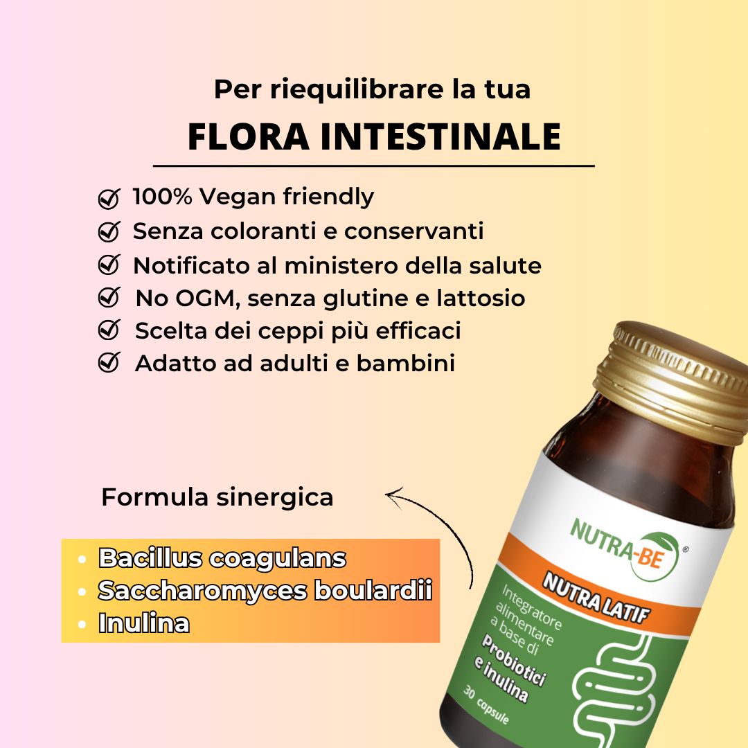 Flacone "NUTRA LATIF". Testo: "100% vegan", "Senza coloranti", "Senza OGM". Contiene Bacillus coagulans, Saccharomyces boulardii, inulina.