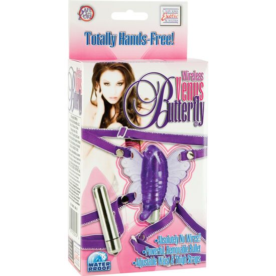 Confezione di un vibratore a farfalla viola con ali, cinghie regolabili e un vibratore argentato separato. "Totally Hands-Free!" e "Waterproof" sono visibili.