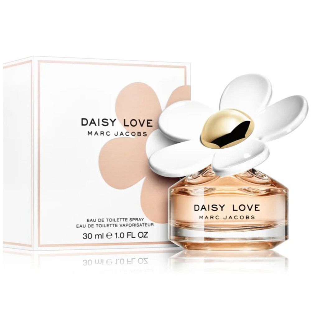 Flacone di profumo con fiore bianco e confezione. Scritta: Daisy Love Marc Jacobs. 30 ml.