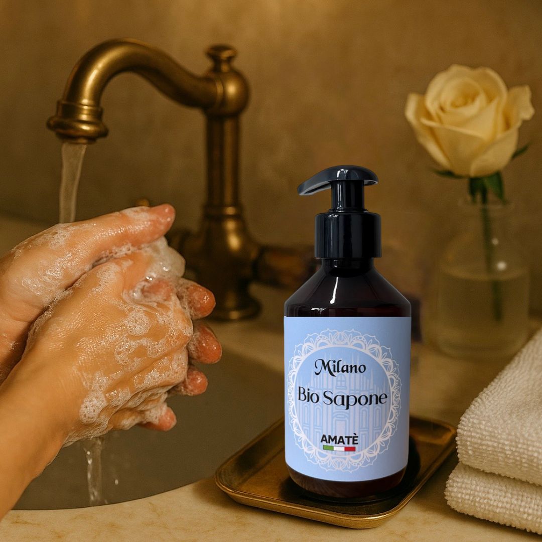 Mani sotto l'acqua corrente. Accanto: flacone Milano Bio Sapone. Portasapone dorato, rosa, asciugamano.