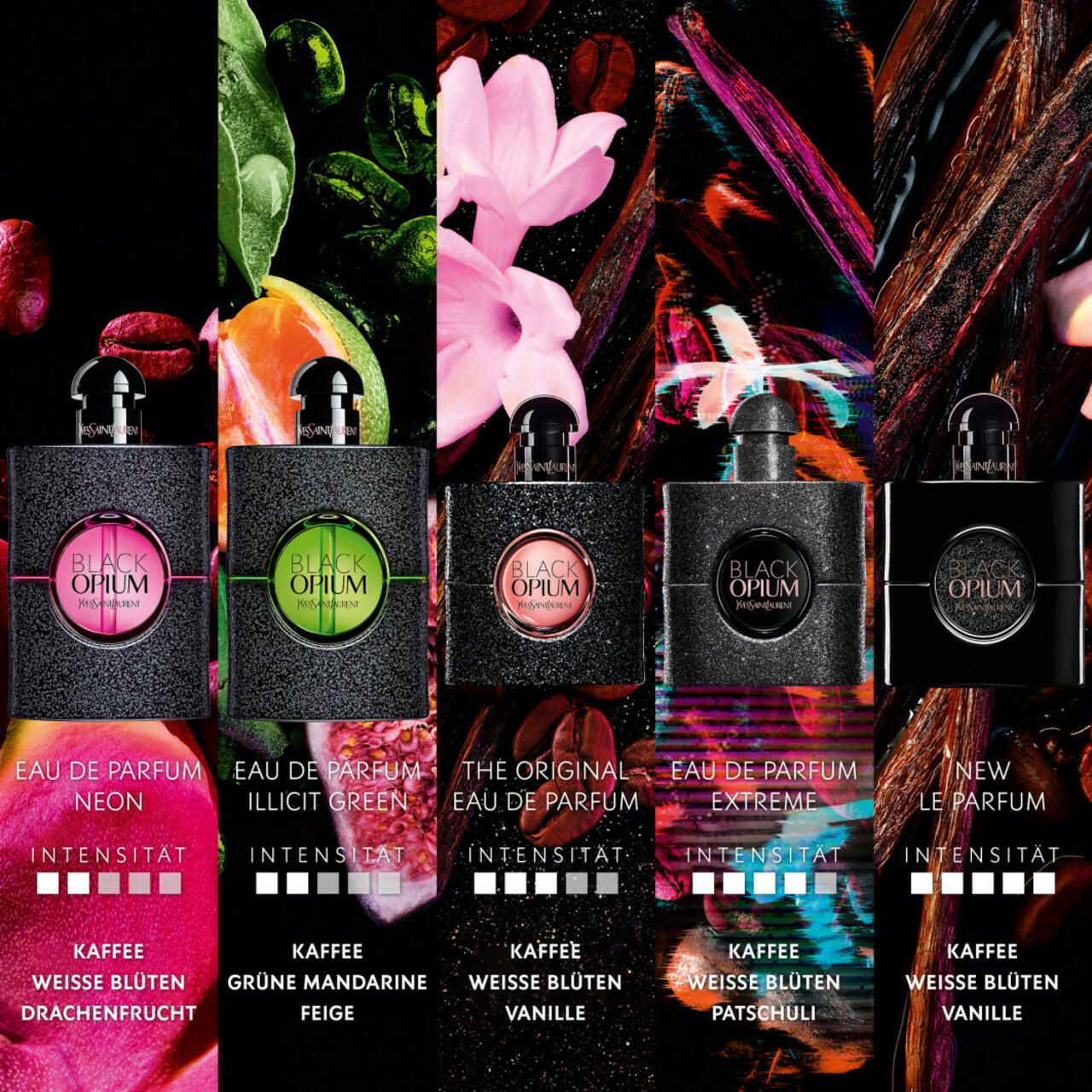 Diversi flaconi. Scritta: Eau de Parfum, Black Opium, YSL. Profumi diversi.