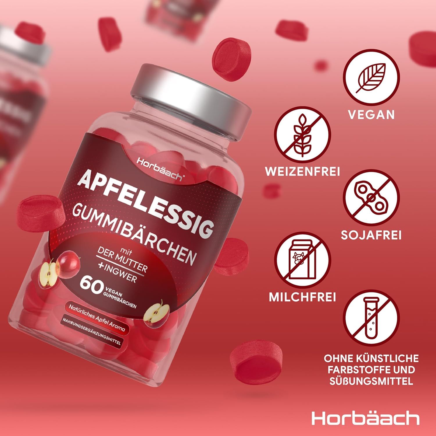 Barattolo di caramelle gommose rosse. Scritta: Aceto di mele, zenzero. 60 caramelle gommose vegane. Vegano, senza glutine, soia, latticini.