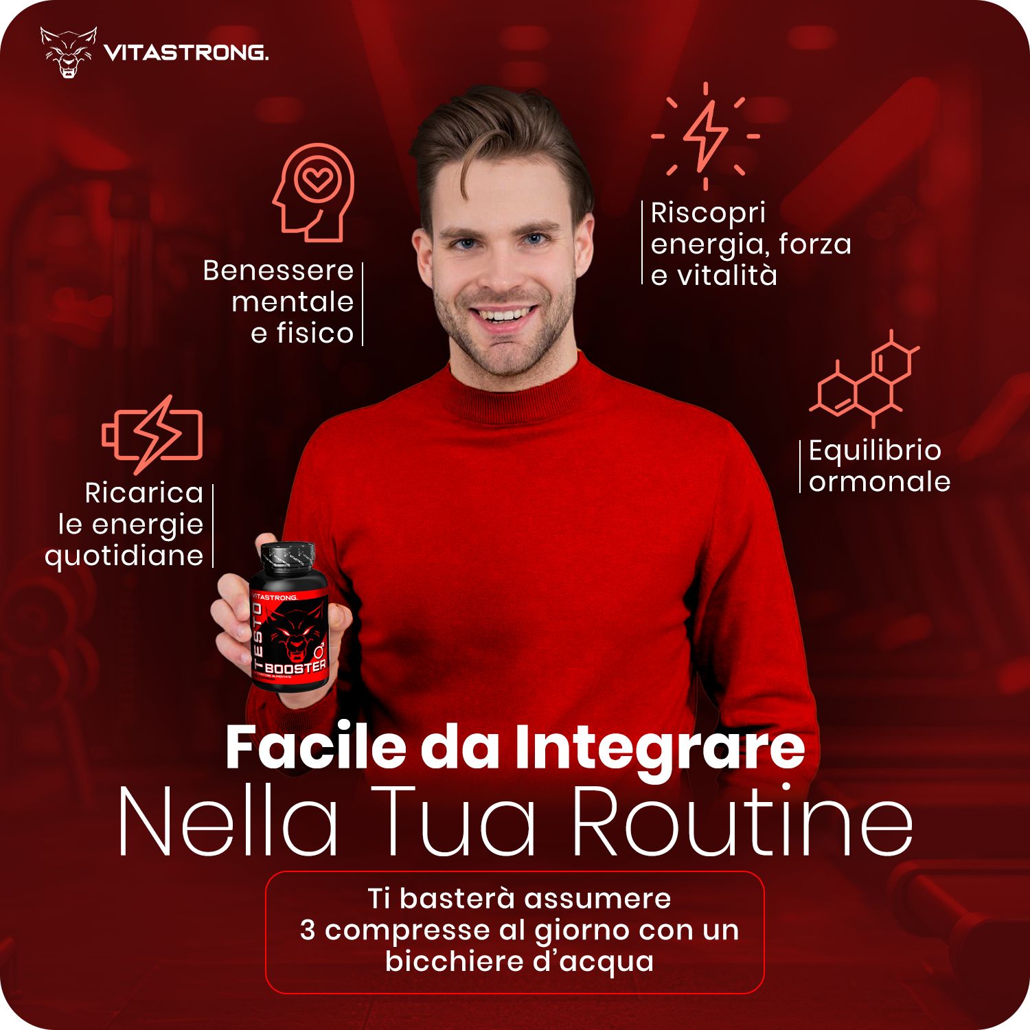 Uomo che spinge una grande ruota di pneumatico; testo: "Ingredienti di alta qualità".
