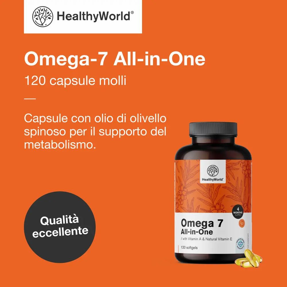 Flacone marrone di Omega-7 All-in-One, 120 capsule molli. Scritta: Qualità eccellente.