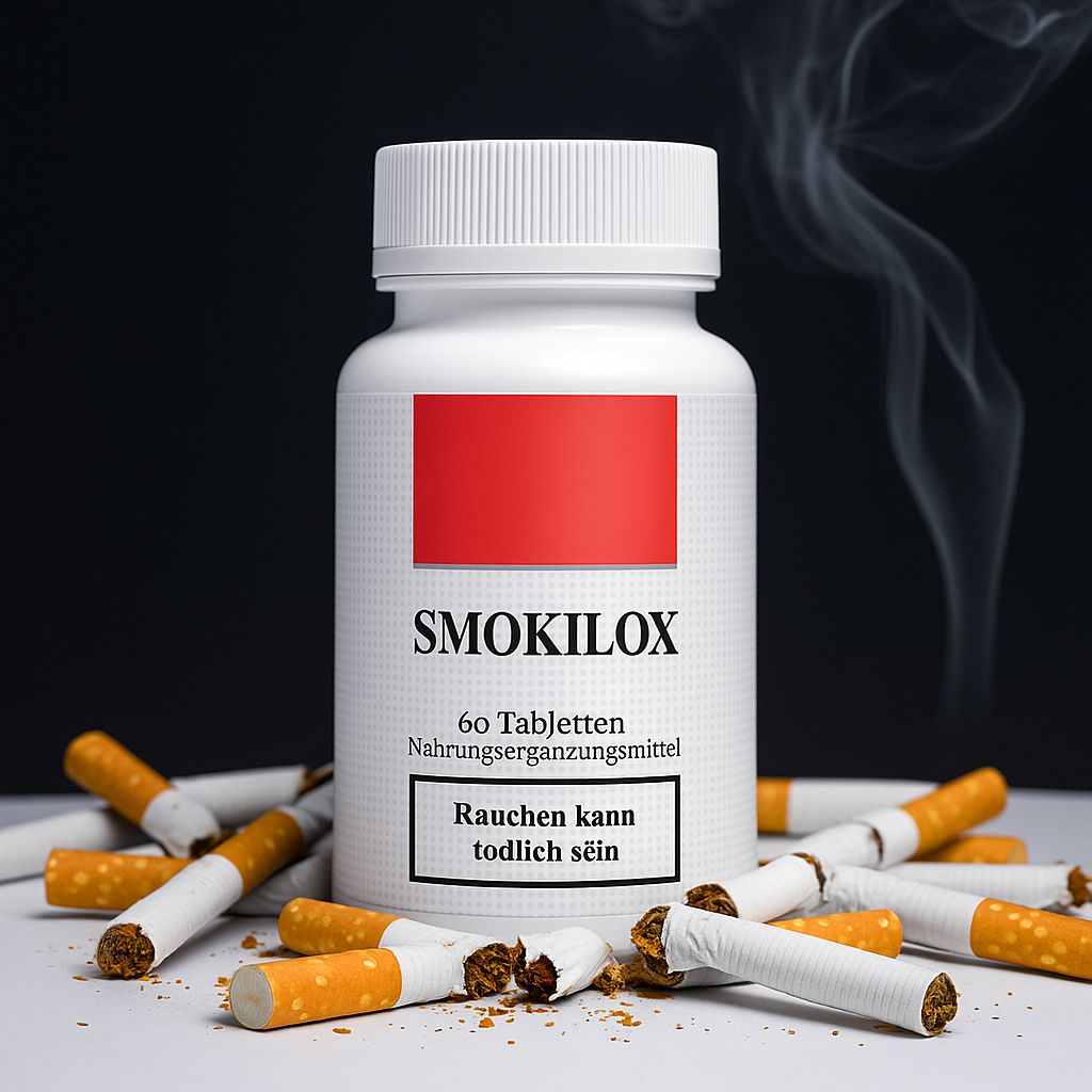Flacone di compresse bianco con riquadro rosso, circondato da sigarette e fumo. Testo: SMOKILOX, 60 compresse.