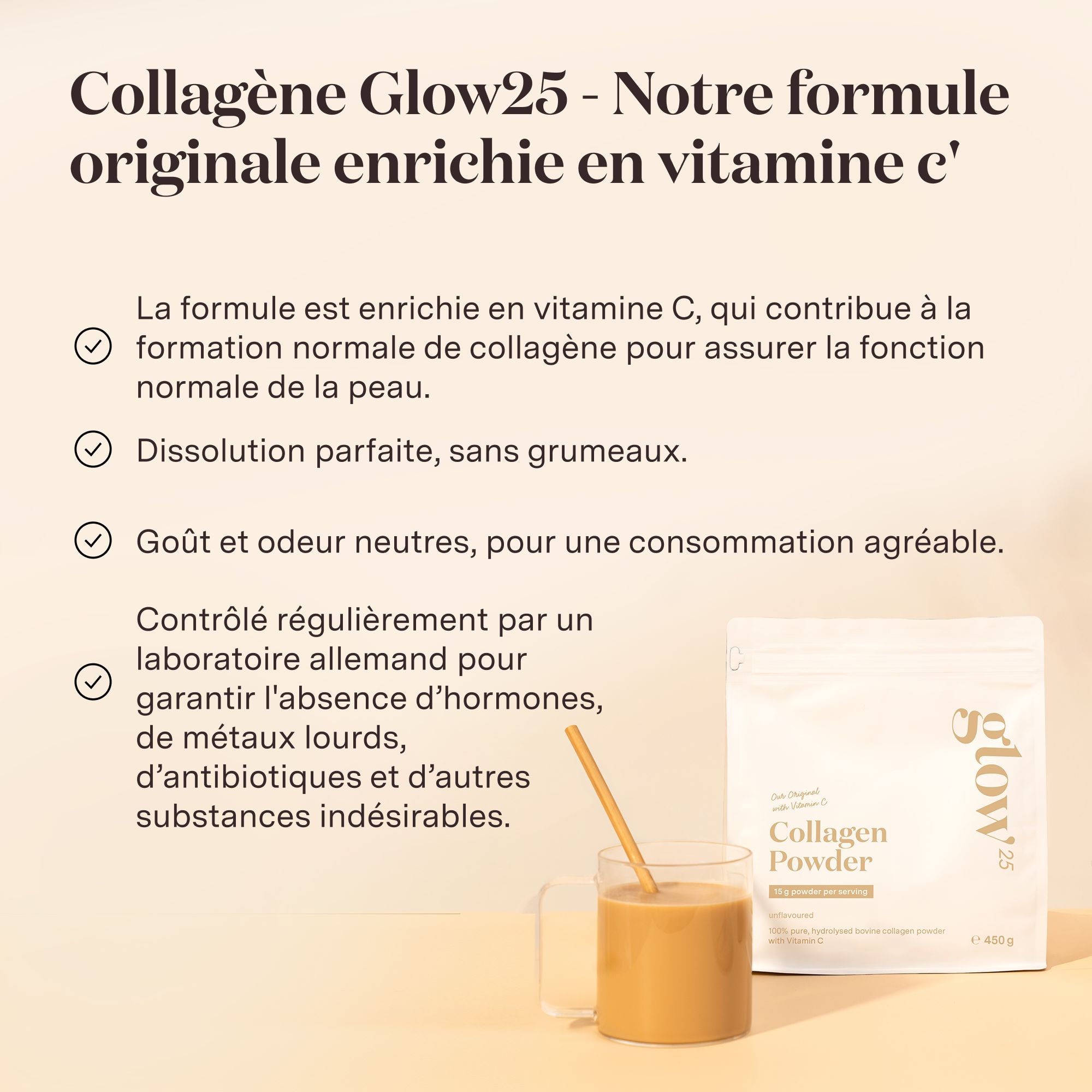 Testo con informazioni sul collagene Glow25. Ingredienti, vantaggi e qualità.