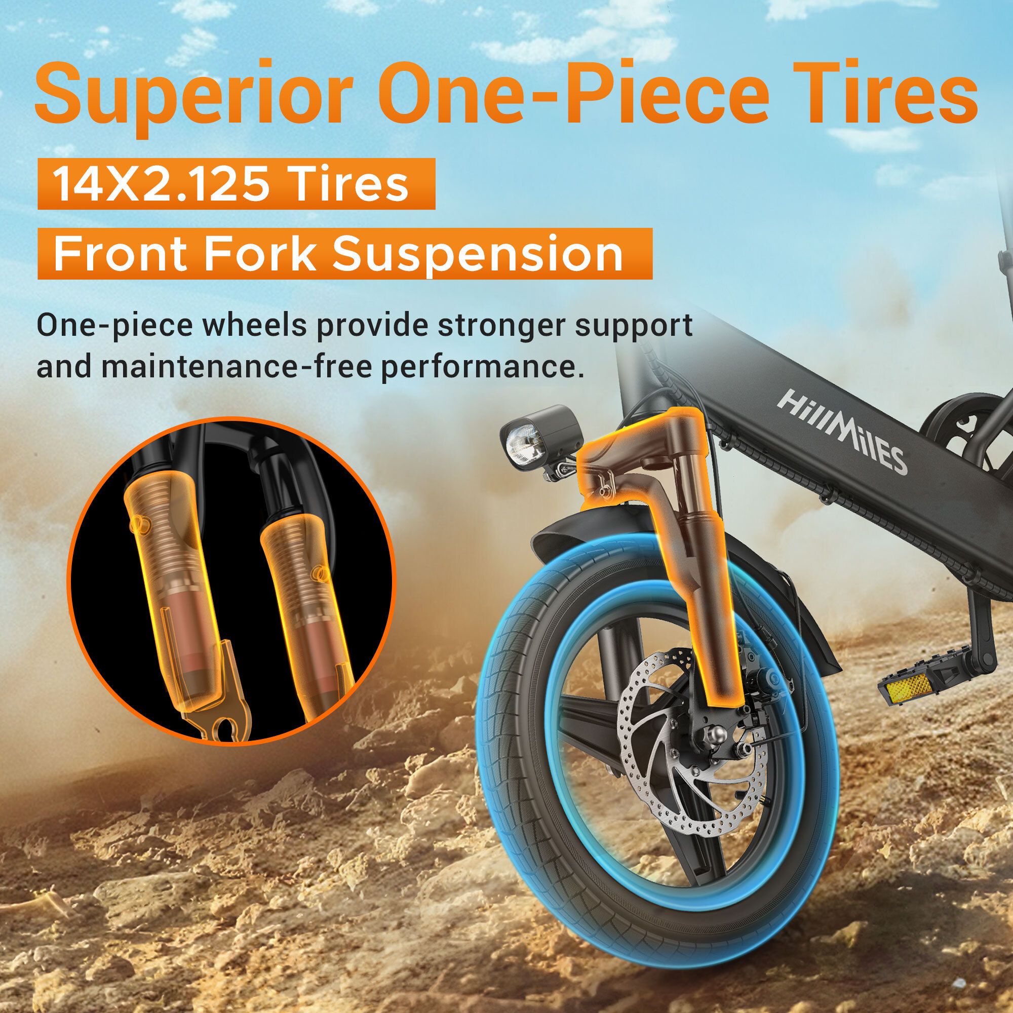 Primo piano della ruota anteriore. Testo: Pneumatici superiori monoblocco. Pneumatici 14X2.125. Sospensione anteriore.