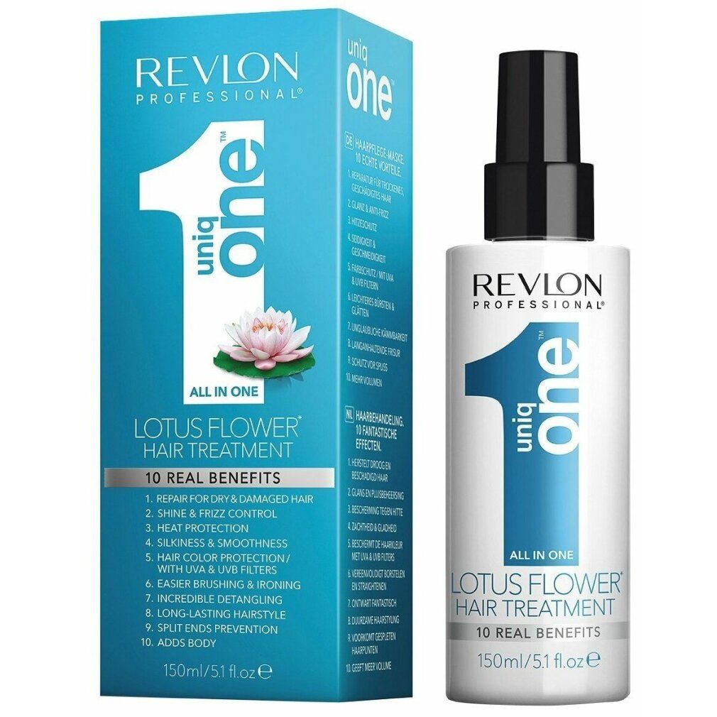 Trattamento per capelli alla fior di loto. Bottiglia e confezione con nome del prodotto e informazioni. Confezione blu, flacone bianco.