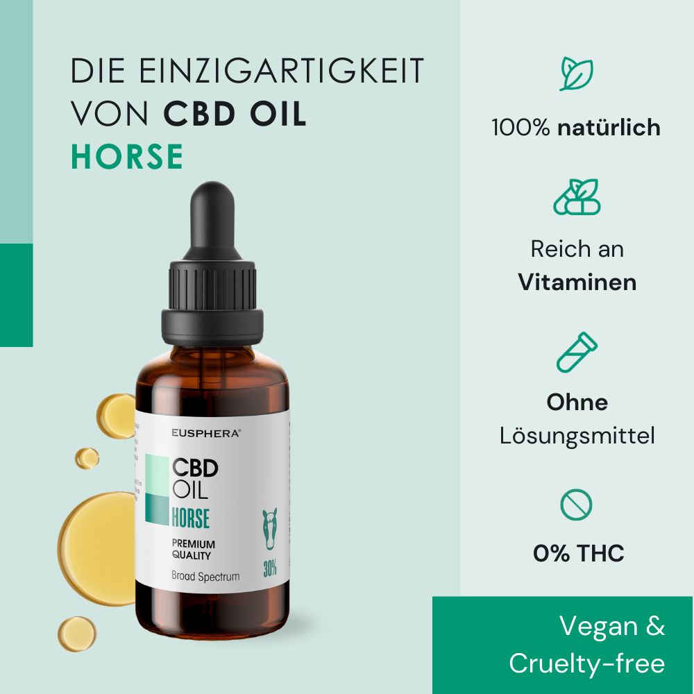 Flacone di vetro marrone con contagocce. CBD Oil Horse. 100% naturale, ricco di vitamine, senza solventi.