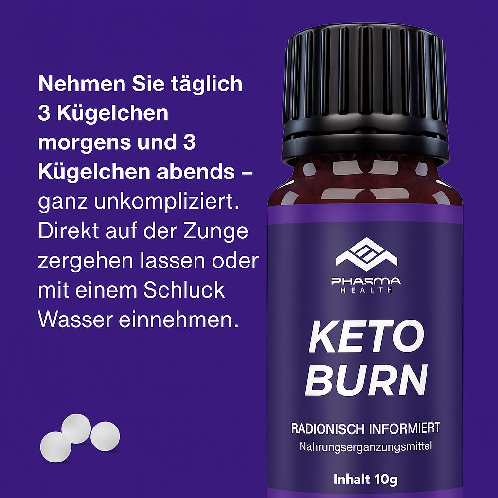 Flacone di vetro con tappo nero. Etichetta viola con testo bianco: Pharma Health, Keto Burn, integratore alimentare, contenuto 10g. Testo: Assunzione.
