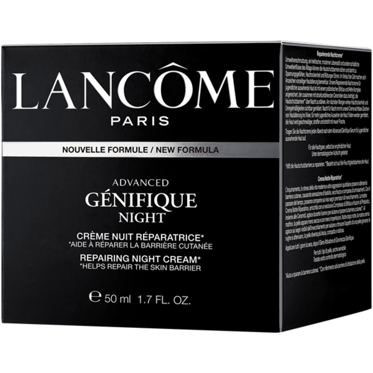 Scatola nera con scritta: Lancôme Paris, Advanced Génifique Night, Crème Nuit Réparatrice, 50 ml.