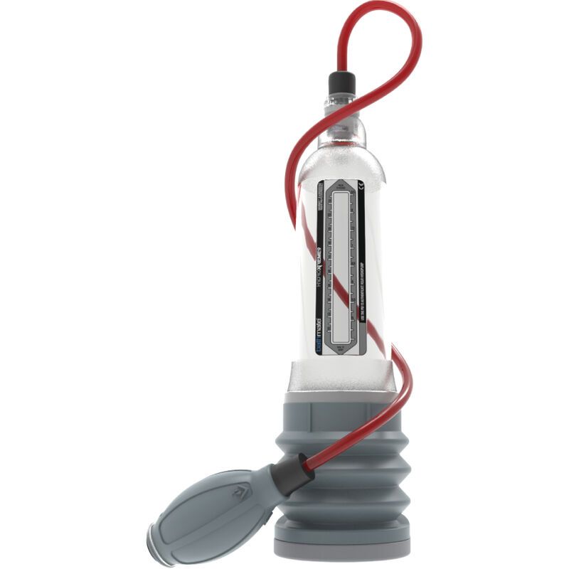 Pompa Bathmate HydroXtreme9 con soffietto grigio e tubo rosso.