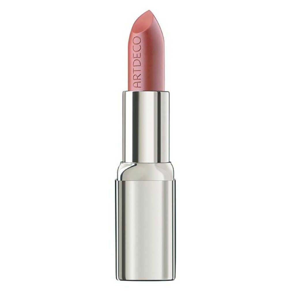 Rossetto marrone chiaro. Astuccio argentato. Scritta ARTDECO sul rossetto e sull'astuccio.