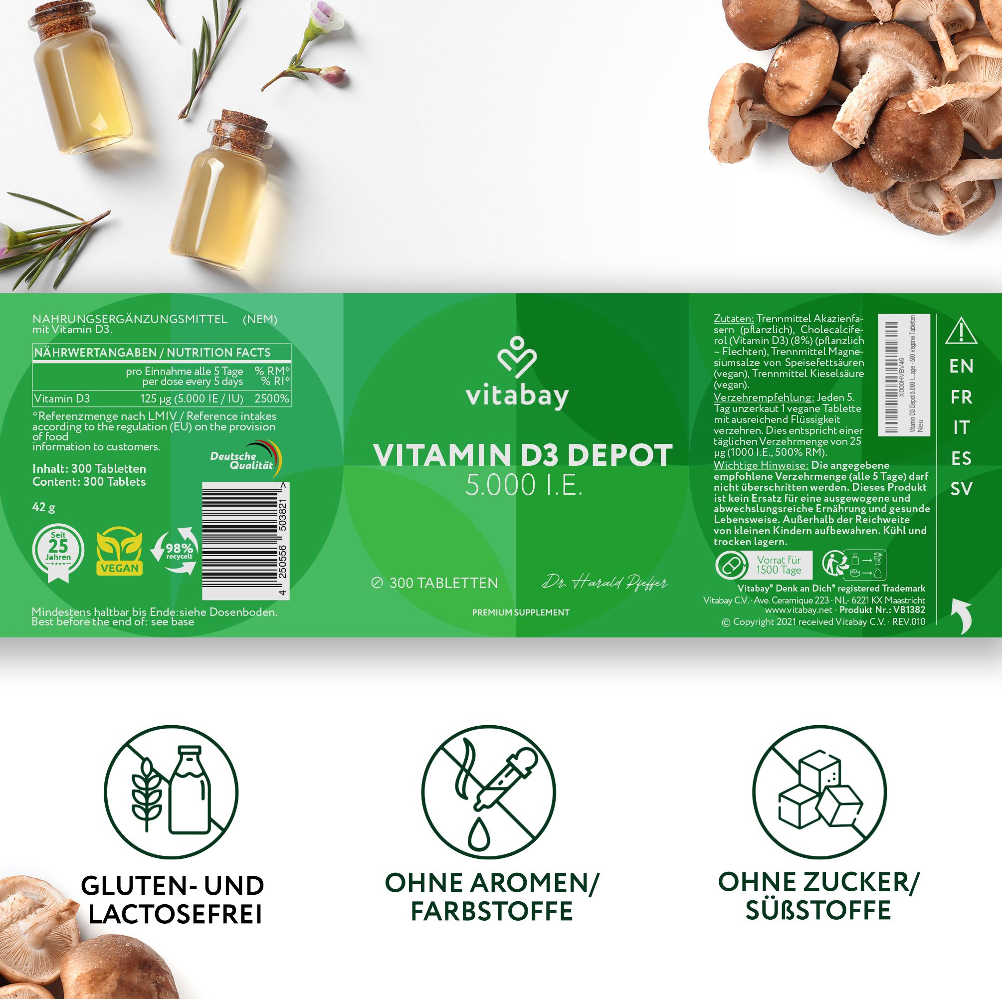 Confezione del prodotto con informazioni. Vitabay Vitamin D3 Depot 5.000 I.E. 300 compresse. Senza glutine e lattosio, senza aromi/coloranti, senza zucchero/dolcificanti.