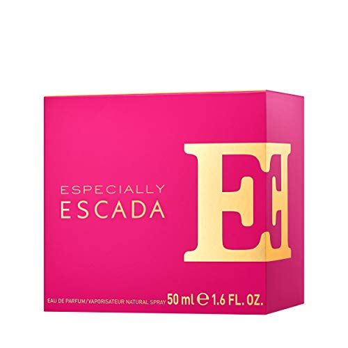 Scatola rosa con "E" dorata e scritta "ESPECIALLY ESCADA". In basso "50 ml 1.6 FL. OZ.".