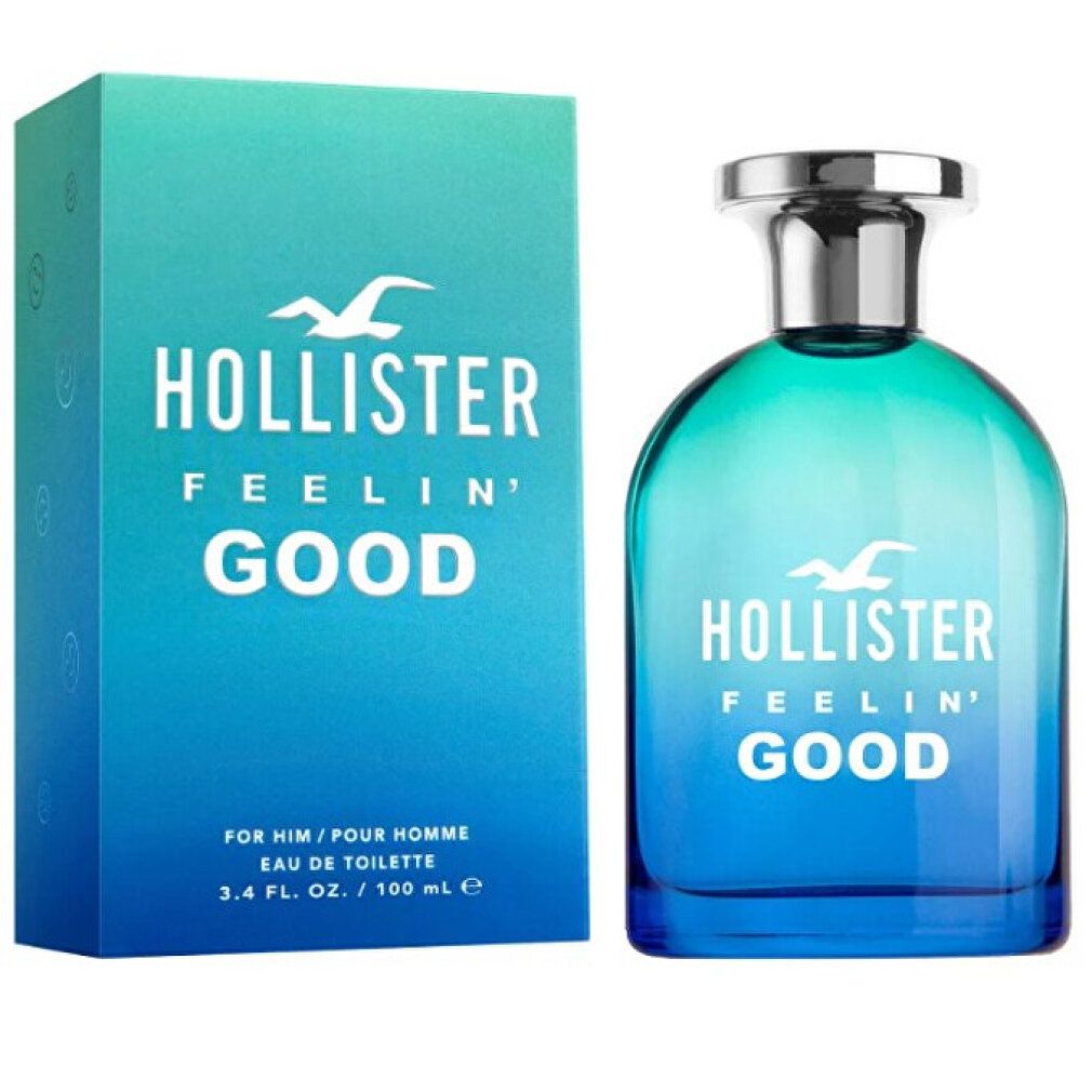 Flacone di profumo e scatola. Flacone blu-verde, tappo argentato. Scatola blu-verde con testo: Hollister Feelin' Good.
