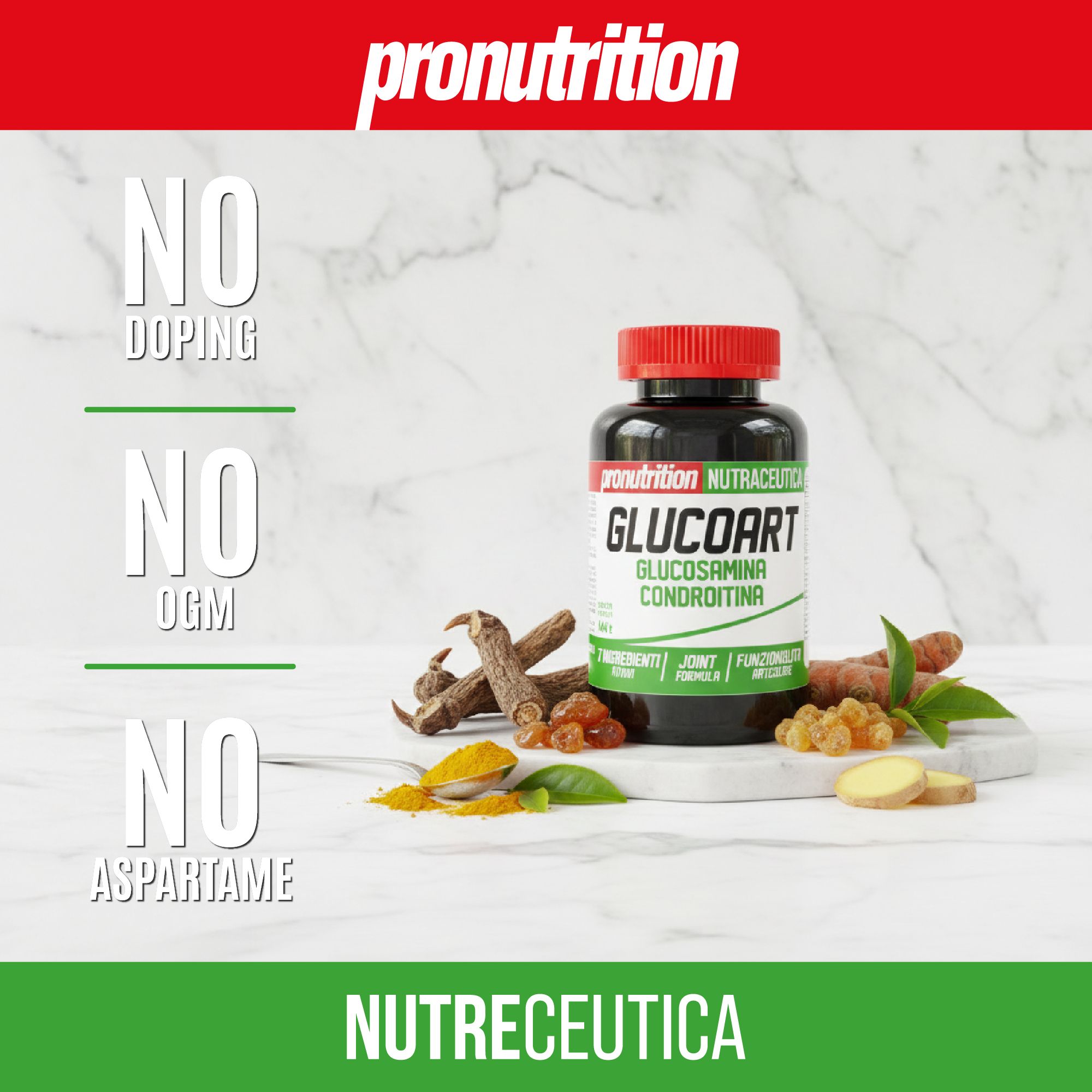 Flacone nero con tappo rosso. Scritta: GLUCOART GLUCOSAMINA CONDROITINA. Testo: NO DOPING, OGM, ASPARTAME. Ingredienti.