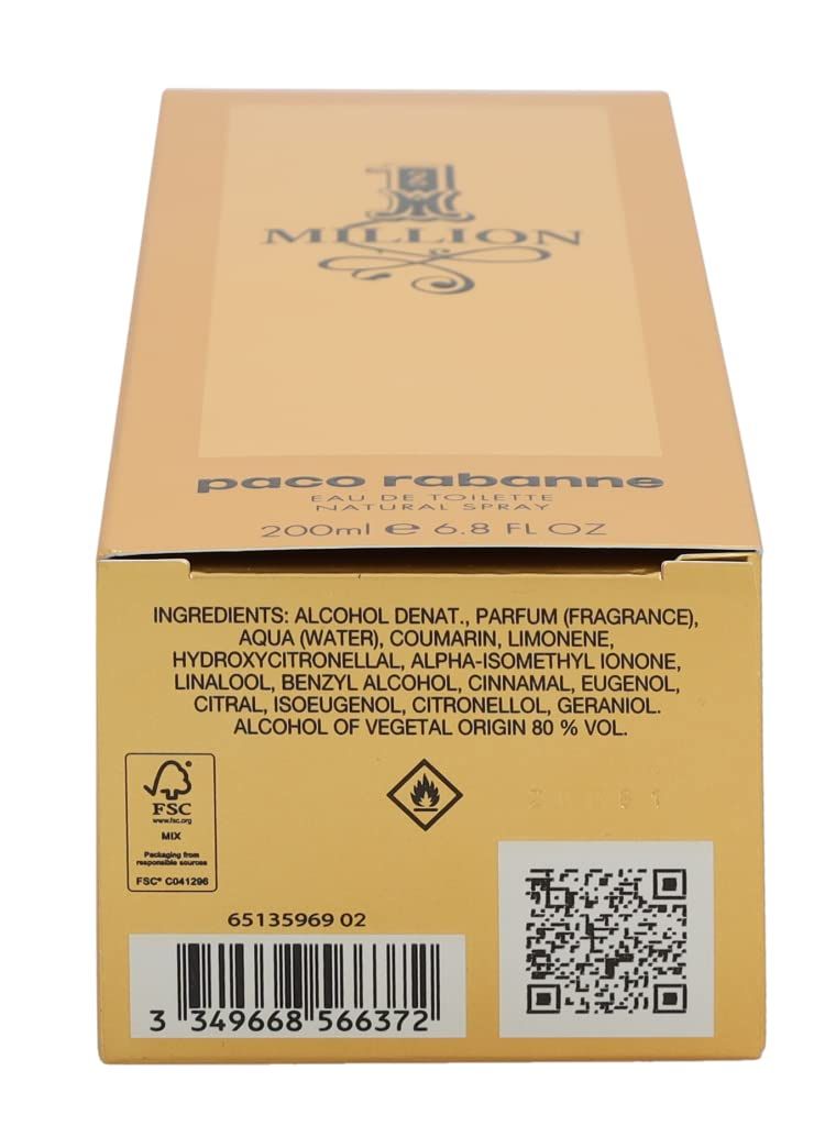 Retro della confezione Paco Rabanne 1 Million. Contiene ingredienti, logo FSC, codice QR e avvertenza.