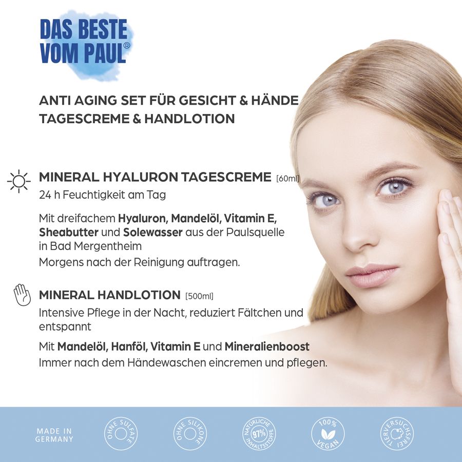 Donna con informazioni per la cura della pelle. Testo: Set anti-età per viso e mani. Crema giorno minerale all'acido ialuronico e lozione per le mani. Made in Germany.