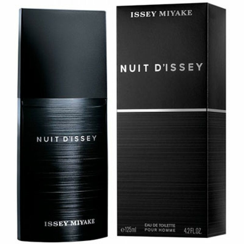 Flacone e confezione neri. Flacone con 'Nuit d'Issey' e 'Issey Miyake'. Scritta sulla confezione.