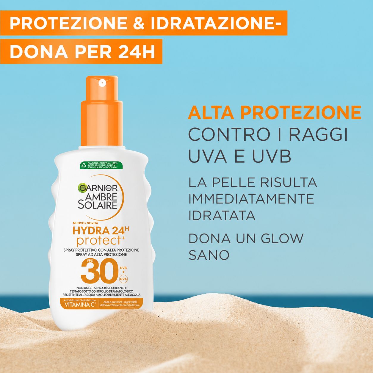 Garnier Ambre Solaire Hydra Protect+ Latte solare SPF 30. Flacone sulla sabbia. Testo: Protezione & idratazione 24h. Alta protezione UVA & UVB.