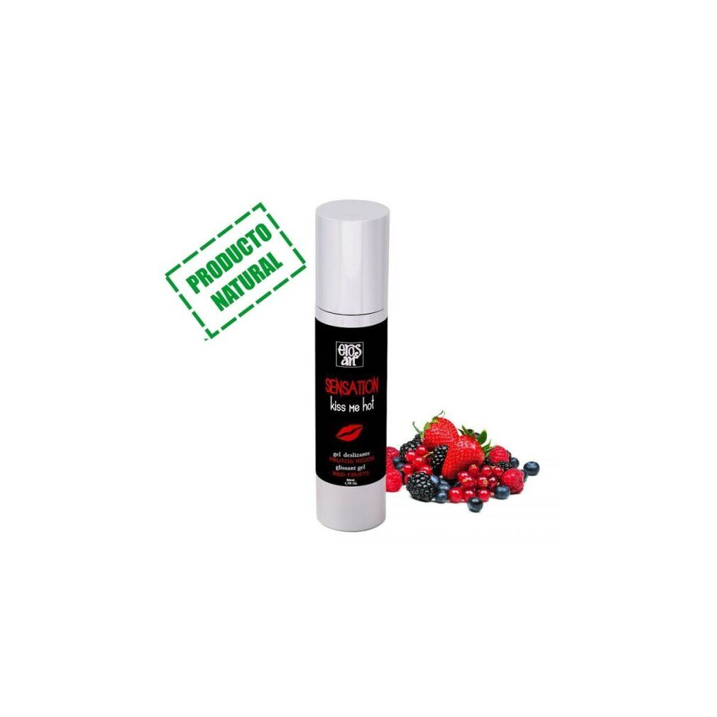 Flacone bianco con etichetta nera. Scritta: Eros Art Sensation kiss me hot. Frutti rossi accanto. Prodotto Natural.
