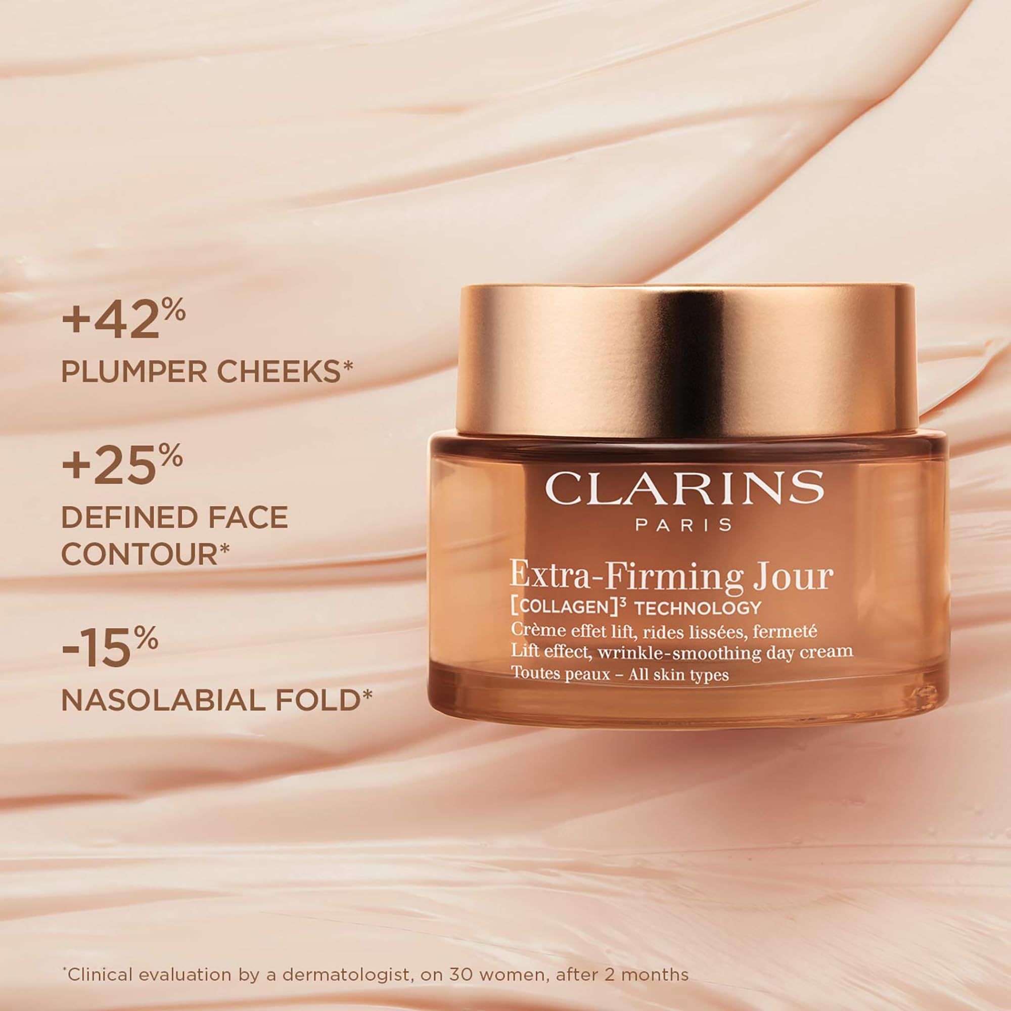Clarins Extra-Firming Jour Crema. Vasetto marrone, coperchio dorato. Testo: +42% plumper cheeks, +25% defined face contour, -15% nasolabial fold.