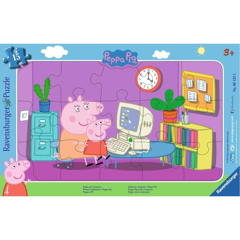 Puzzle da 15 pezzi. Tema: Peppa Pig al computer. Puzzle Ravensburger. Confezione con illustrazione di Peppa Pig.