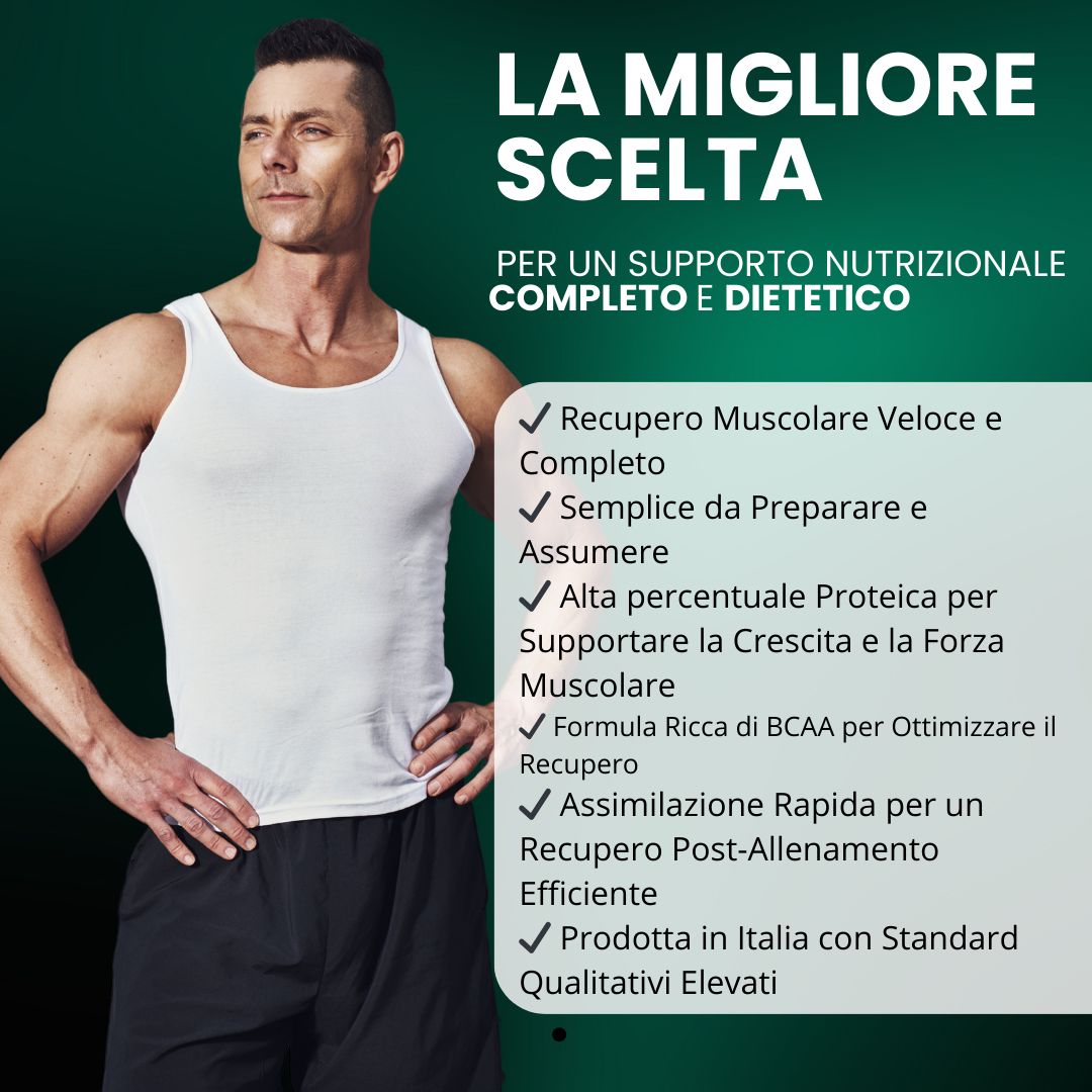 Uomo in canotta. Testo: La scelta migliore per un supporto nutrizionale completo e dietetico. Recupero muscolare, facile da preparare.