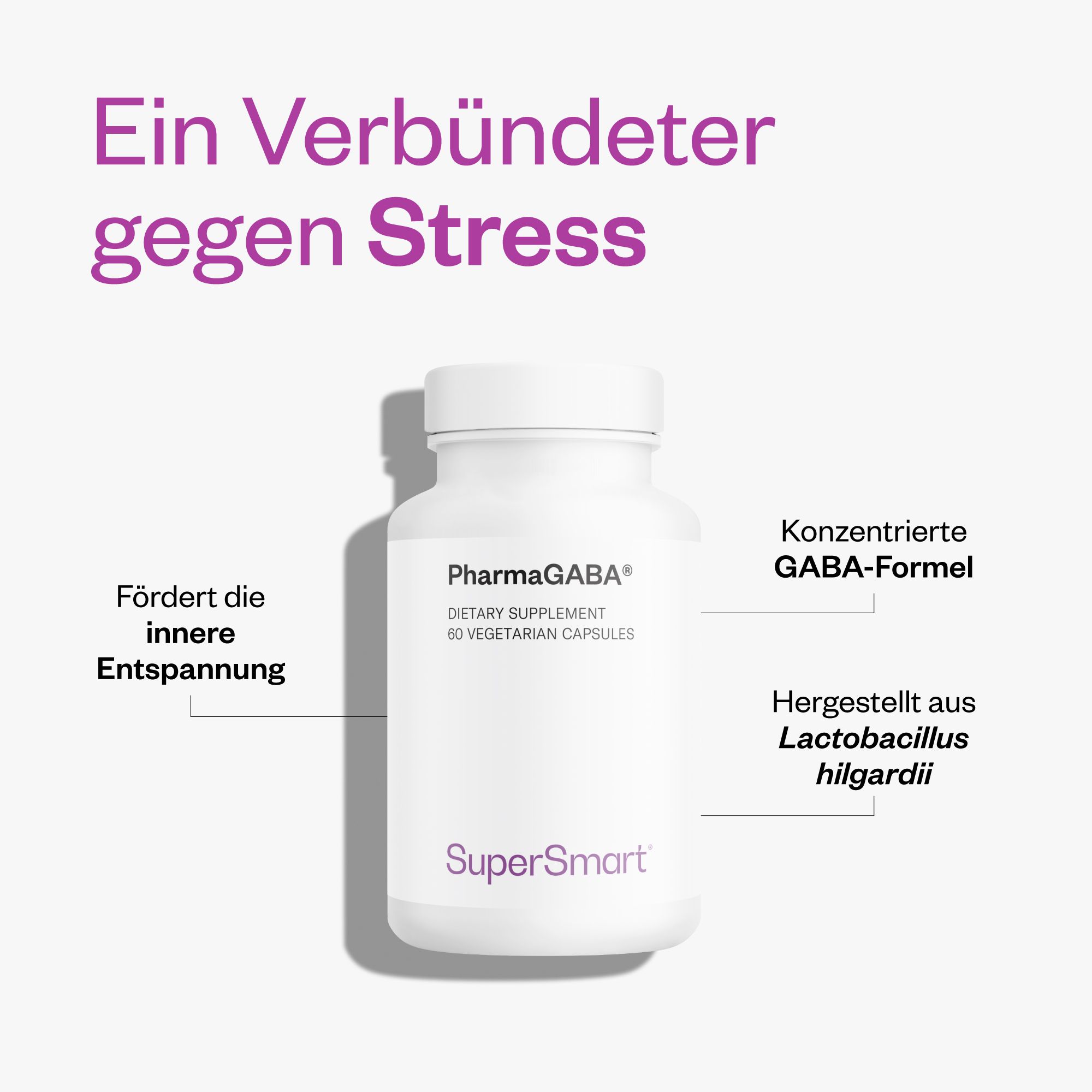 Flacone bianco PharmaGABA® con 60 capsule. Testo: Dietary Supplement, logo SuperSmart. Sfondo viola.